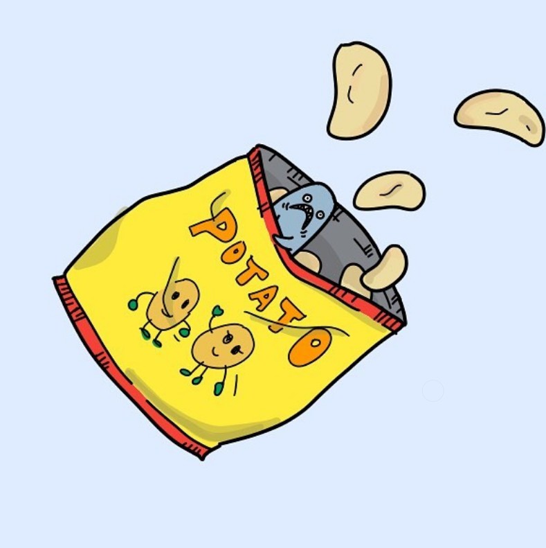 Moki hiding inside a bag of potato chips