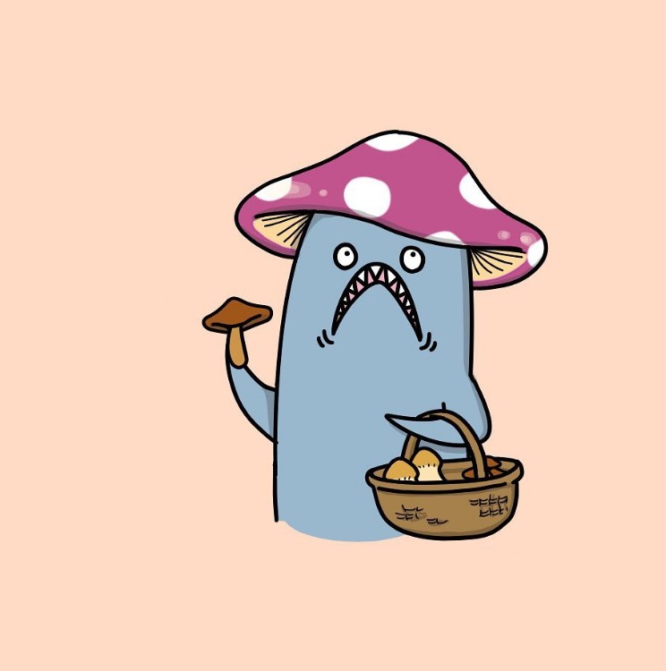 Moki wearing a mushroom cap, holding a foraging basket