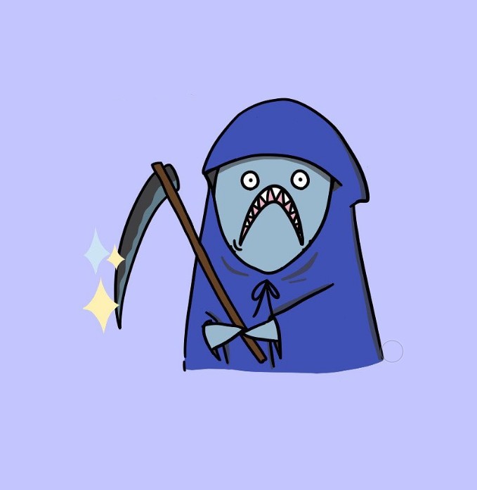 Moki in a grim reaper cloak holding a scythe